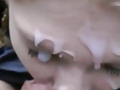 Small Dick shoots a lot of Cum on her Face and Tits