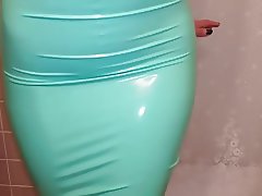 Latex TRY ON - Teal Pencil Skirt
