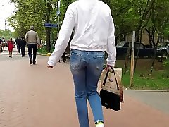 Blonde's ass in blue jeans